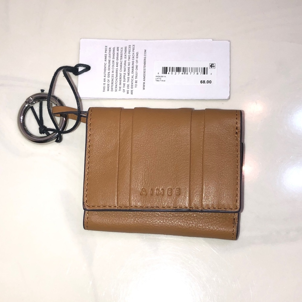 Aimee Kestenberg Talia Leather Trifold Wallet Color Latte + Key Ring NWT